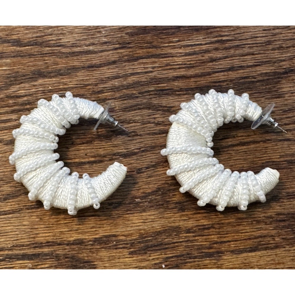 White Thread Wrapped Seed‎ Bead Earrings Bohemian Coastal Celestial C-Hoops 1.5"